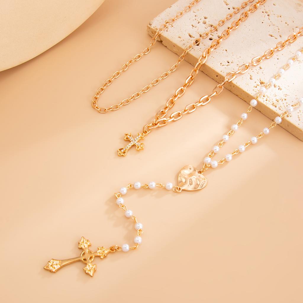 Punk Metal Cross Pendant Necklace, Temperament Imitation Pearl Beaded Chain Stacked Necklace