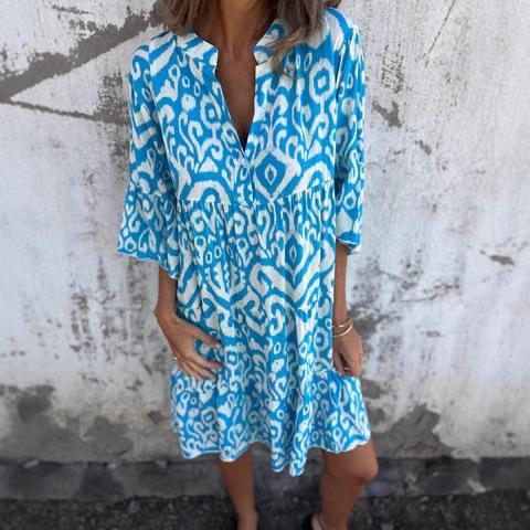 European And American Style Women'S Clothing, Spring And Summer New Four-Sided Elastic Casual V-Neck Printed Pleated Women'S Dress