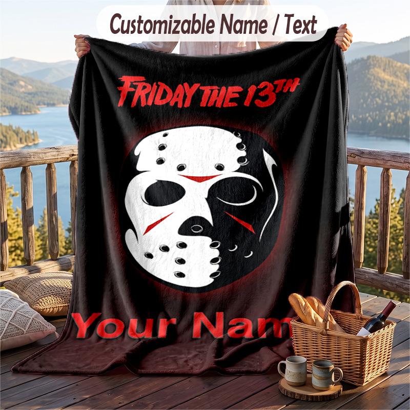 Custom Text Flannel Throw Blanket, Lightweight Cozy Bed Sofa BlanketFriday the 13th Jason Voorhees
