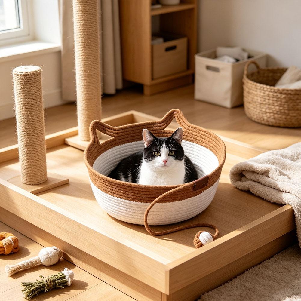 Caramel Handwoven Cat Bed Cotton Rope Basket with Toy Ball Durable Scratchable Resting Nest for Kittens Indoor Cats