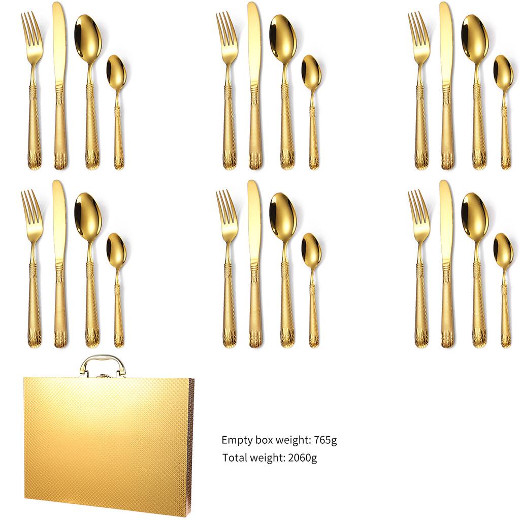 304 Stainless Steel Tableware Set 16/24 Piece Set Hotel Home Retro Relief Knife Fork Spoon Gold Gift Box