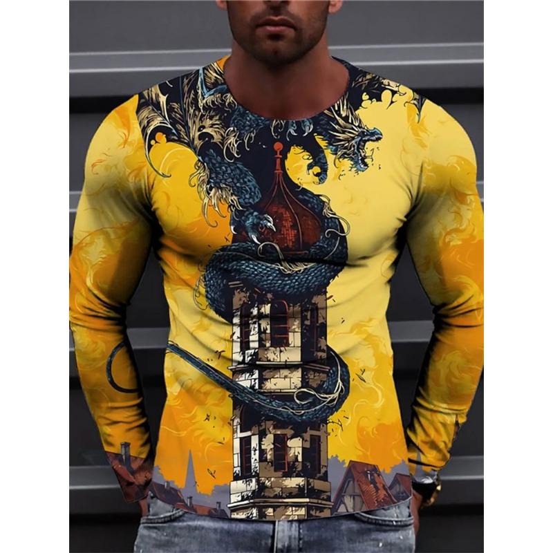 Oriental Dragon Printed Men's Long Sleeve T-shirt Autumn Daily Street Men's Fashion Long Sleeve T-shirt Casual Long Sleeve Top