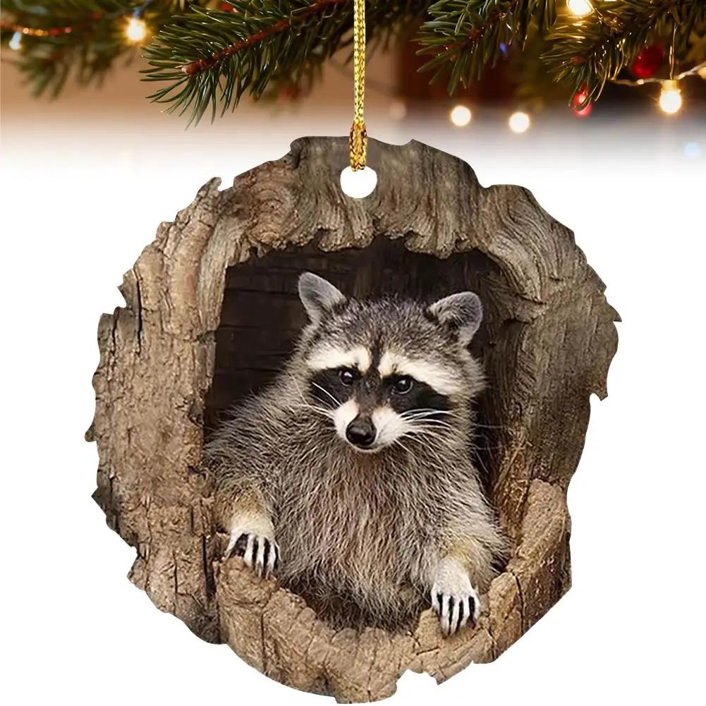 Cute Animal Christmas Ornament 2D Nimal Raccoon Owl Ornaments Car Bunny Decoration Squirrel Hedgehog Wildlife Bird Hanging E6U3