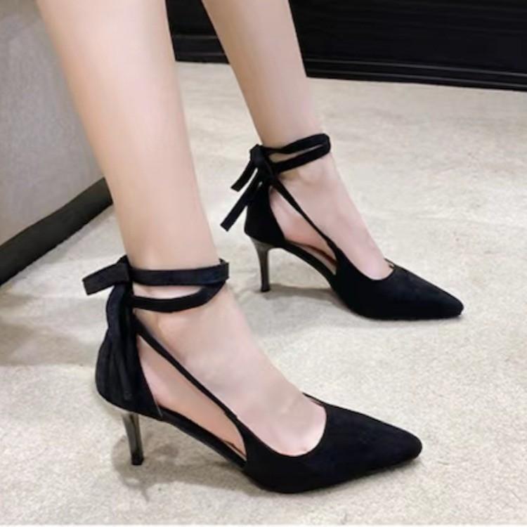 

Fashion high heels spring and autumn sexy hollow pointed one-word buckle with light mouth sandals women 42 чёрный