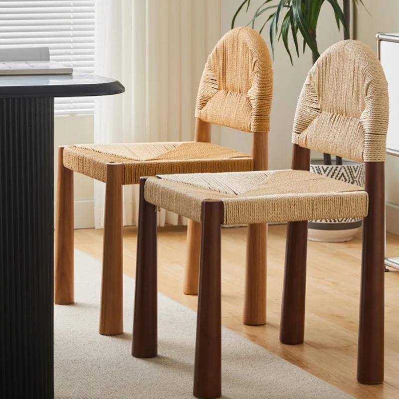Single Solid Rattan Chair Weaving Minimalist Cream Style Straw Rope Hand-Woven Leisure Back Chair Balcony Outdoor Vintage Seat