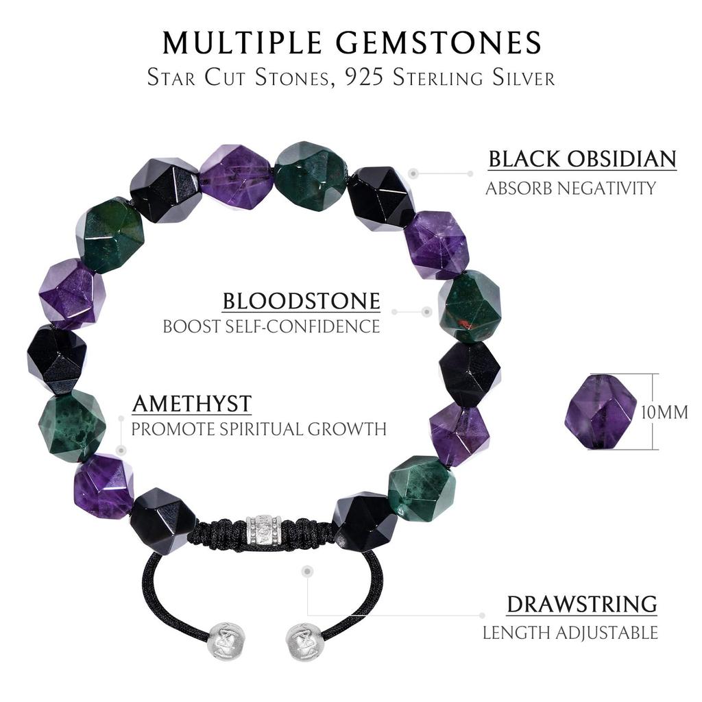 AWNL Braided Beaded Bracelet with and Natural Stone Bracelet with Sterling Silver Clasp Gift for Men's Amethyst, Bloodstone, Obsidian, (10mm