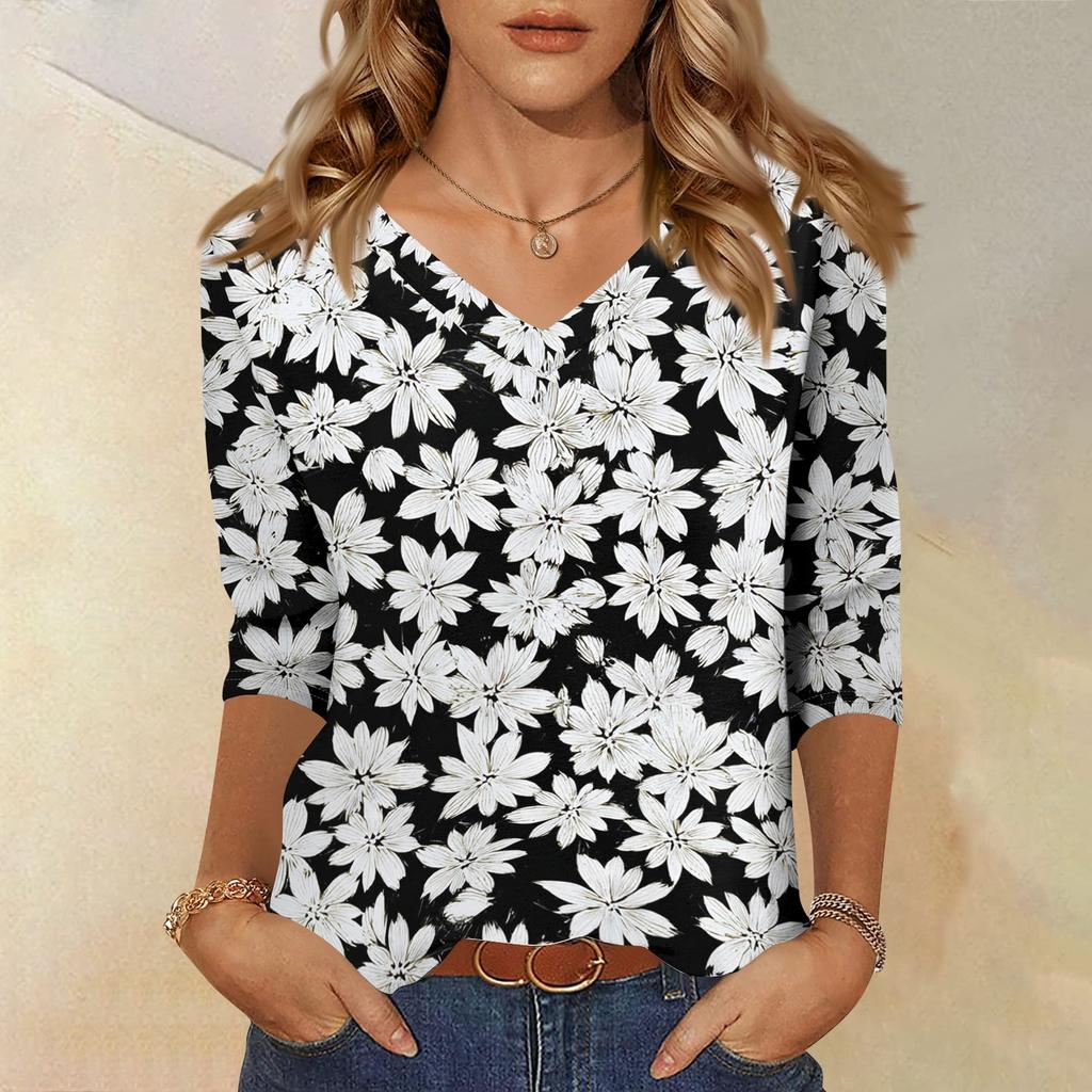 Women's V Neck 3/4 Sleeve Loose Fit Casual Shirt Floral Print Lightweight Blouse for Everyday Wear