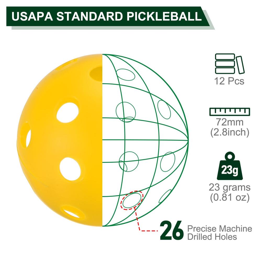 PATIKIL Outdoor Pickleball Balls 26 Holes Pickleball 12 Pack Yellow for Amateur Indoor and Outdoor Sports