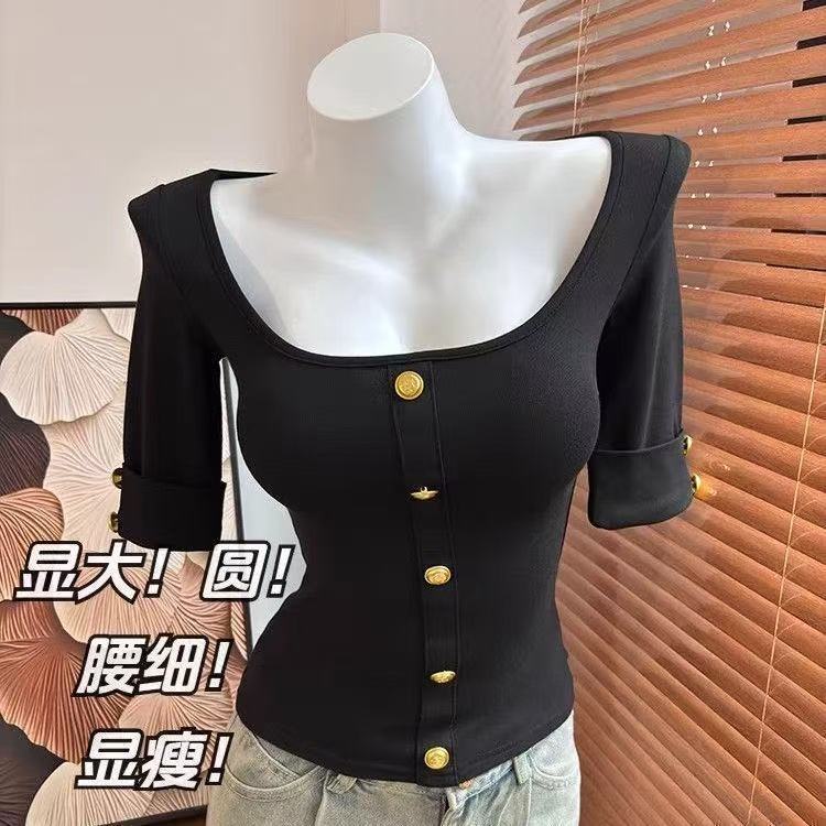 Pure Luxury Square Neck Button Five-Sleeve T-Shirt Women's Summer Sexy Slim Skinny Small Fragrant Bottom Top