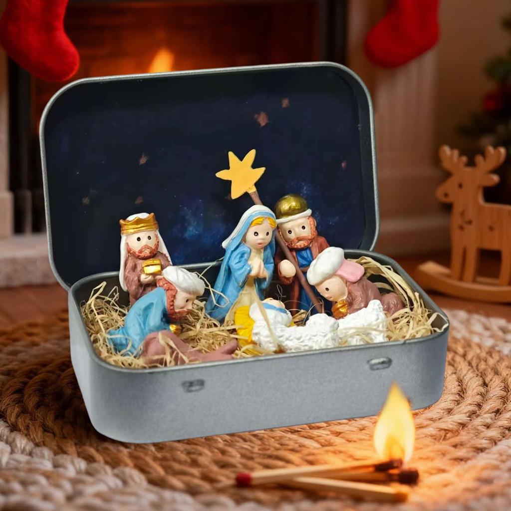 Nativity Set In Tin Box Mini 3D Small Religious Holy Figurines Christmas Holy Family Decoration For Office Bedroom Living Room