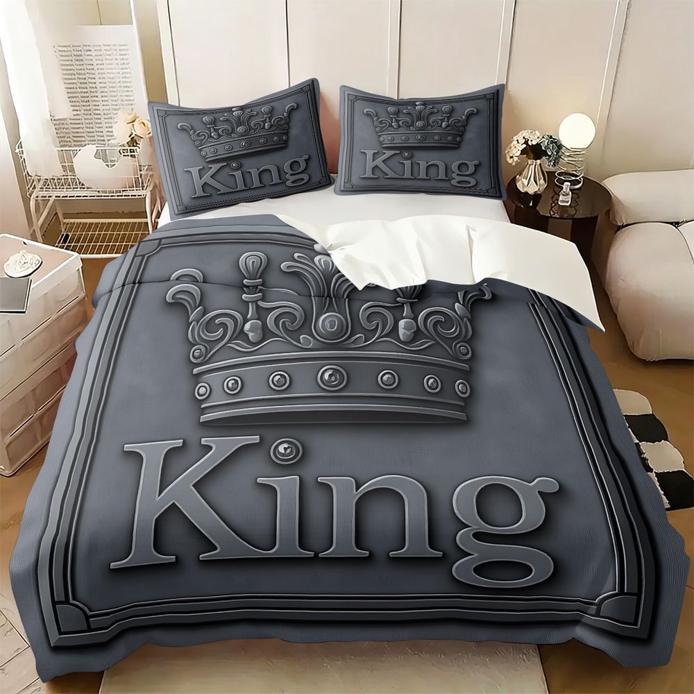 Luxury King Crown Print Duvet Cover Set(1 Duvet Cover & 1/2 Pillowcase) Metallic Style Bedding Set For Men Bedroom Decor