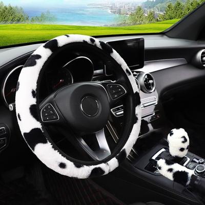 Universal 38cm Cow Print Soft Plush Car Steering Wheel Cover Hand Brake Gear Cover Set Anti-Slip Auto Car Styling Interior Accessories