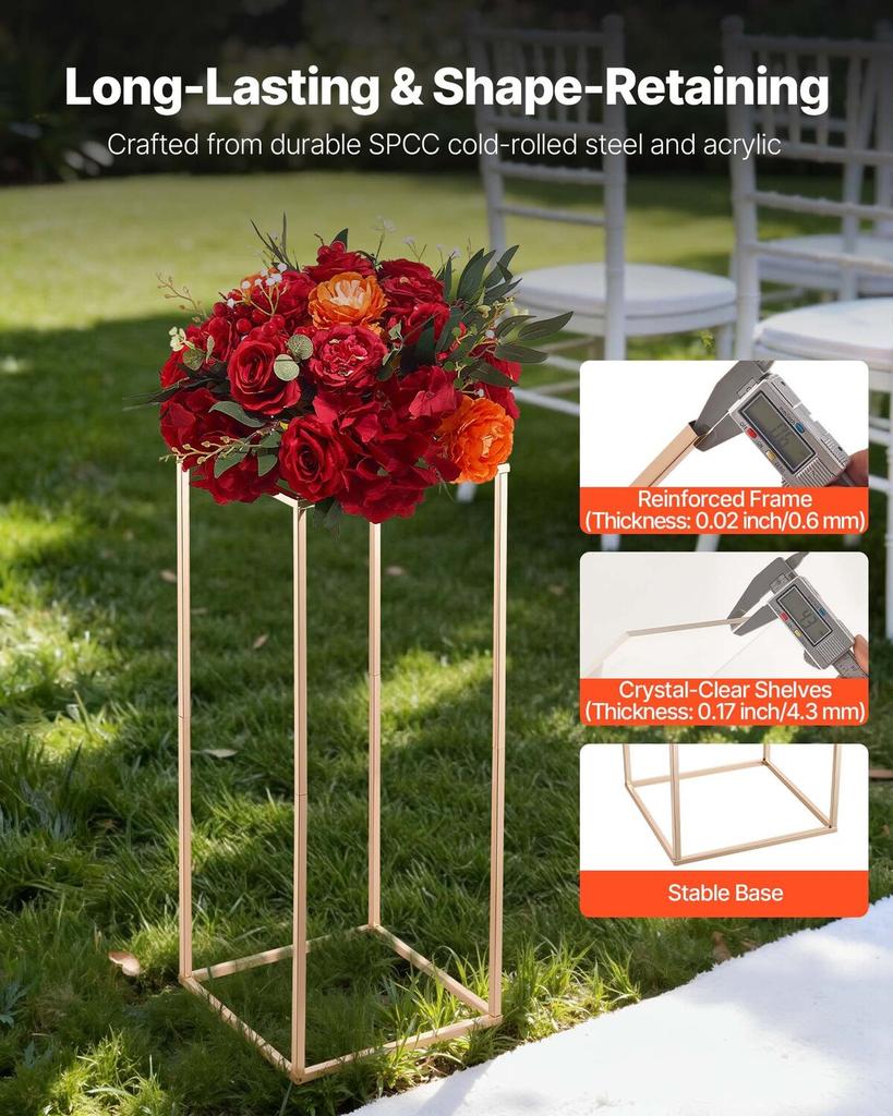 Wedding Flower Stand, 10PCS 60cm Column Flower Stand, Floral Stands with Acrylic Laminate, Gold Rectangular Floral Display Rack for Wedding, Party,