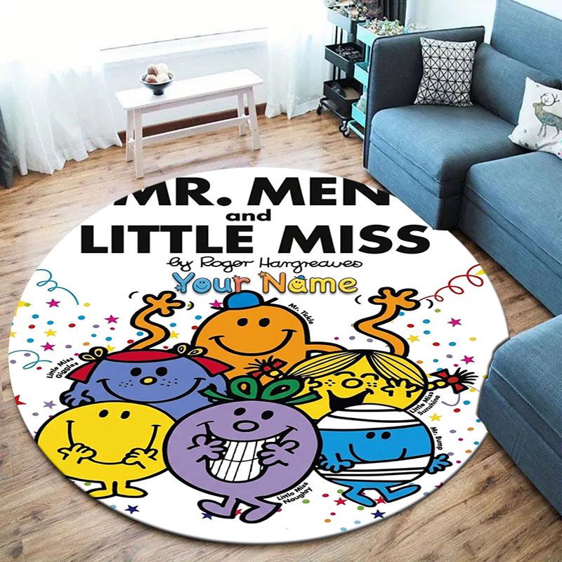 Mr. Men Little Miss Custom Name Round Area Rug,Carpet Rug for Living Room Bedroom Sofa Playroom Decor,Non-slip Floor Mat