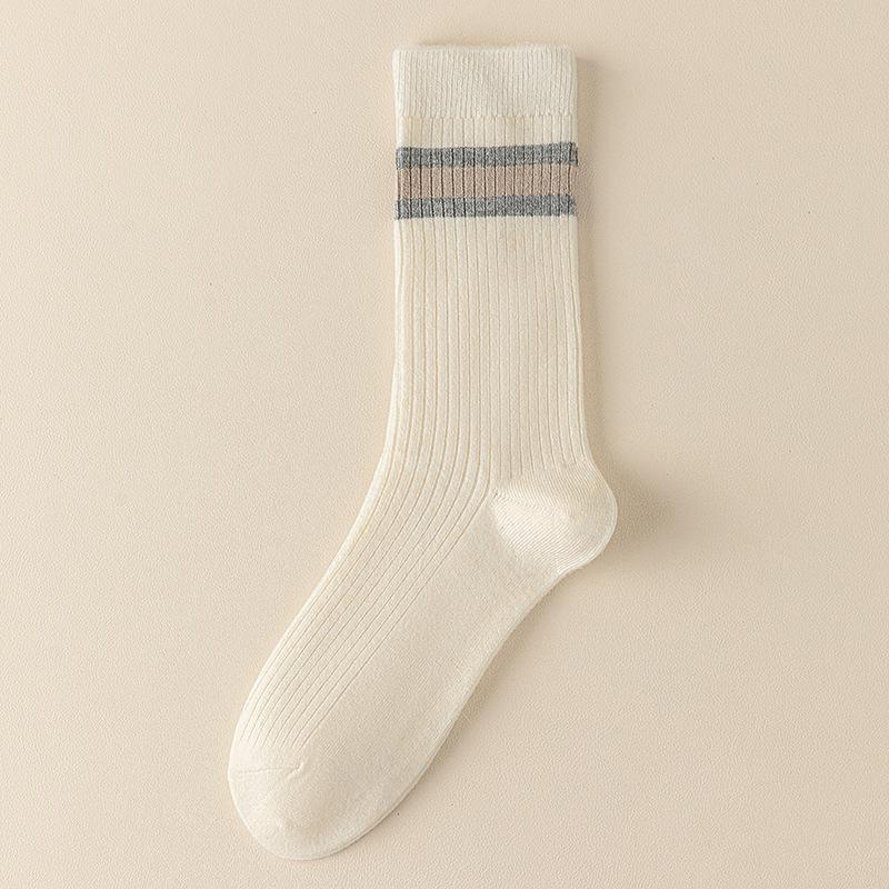 Socks Double Needle Boneless Medium Tube Socks Season Warm Wool Socks Retro Striped Versatile Pile Socks Women'S
