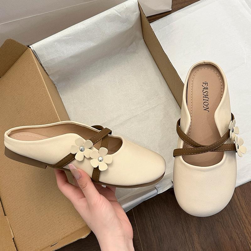 

Baotou half slippers women s summer wear new one-pedal women s shoes half-support single shoes flat Mary Jane cool slippers 35 бежевий