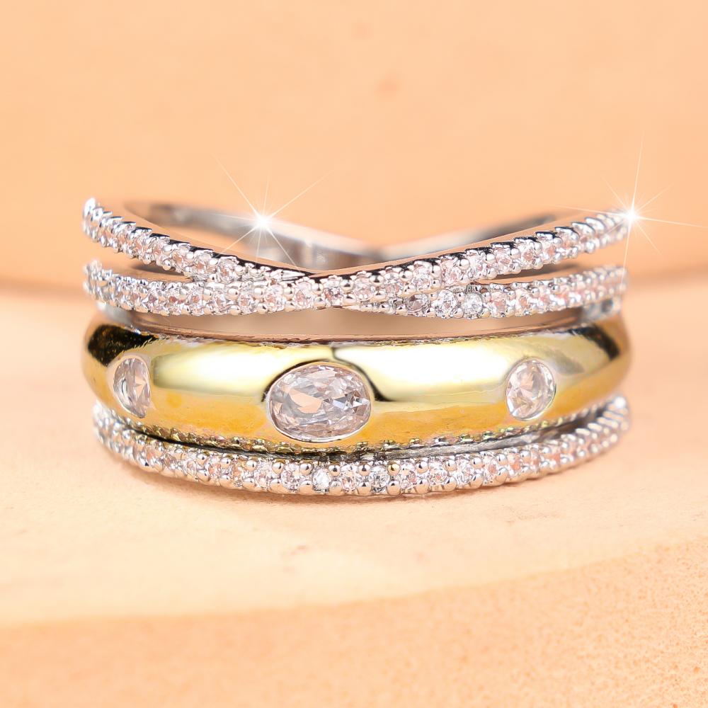 Luxury Two Tone Gold Silver Color CZ Cross Stackable Ring for Women Daily Wear and Party
