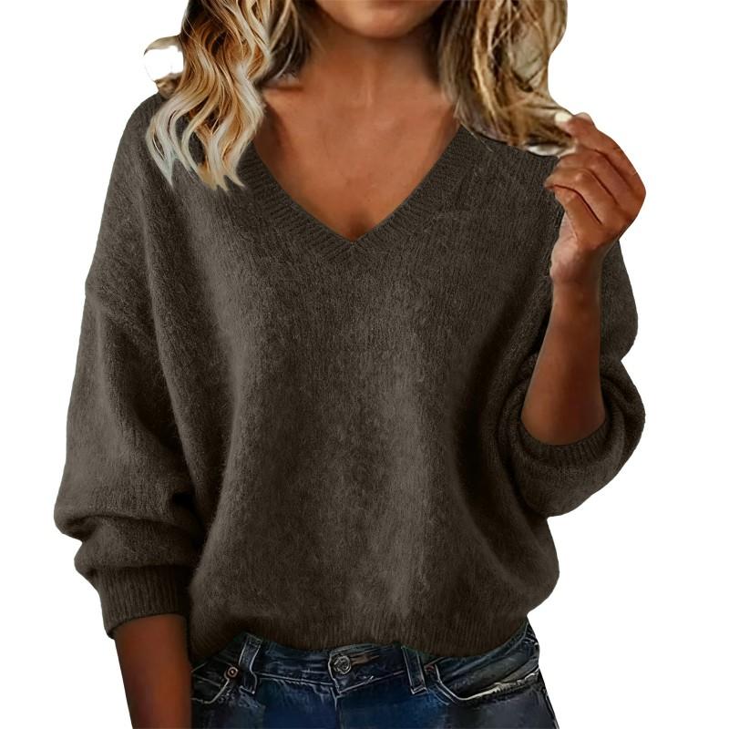 Womens Loose Fit V-Neck Knit Sweater Solid Color Casual Long Sleeve Pullover Winter