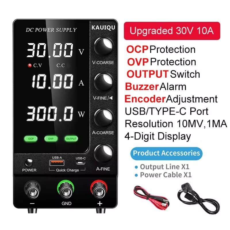 KUAIQU 2025 Neuestes OCP OVP DC Einstellbares Labornetzteil 30V 10A Ausgangsschalter USB-A TYPE-C-Anschluss Schnelles Aufladen
