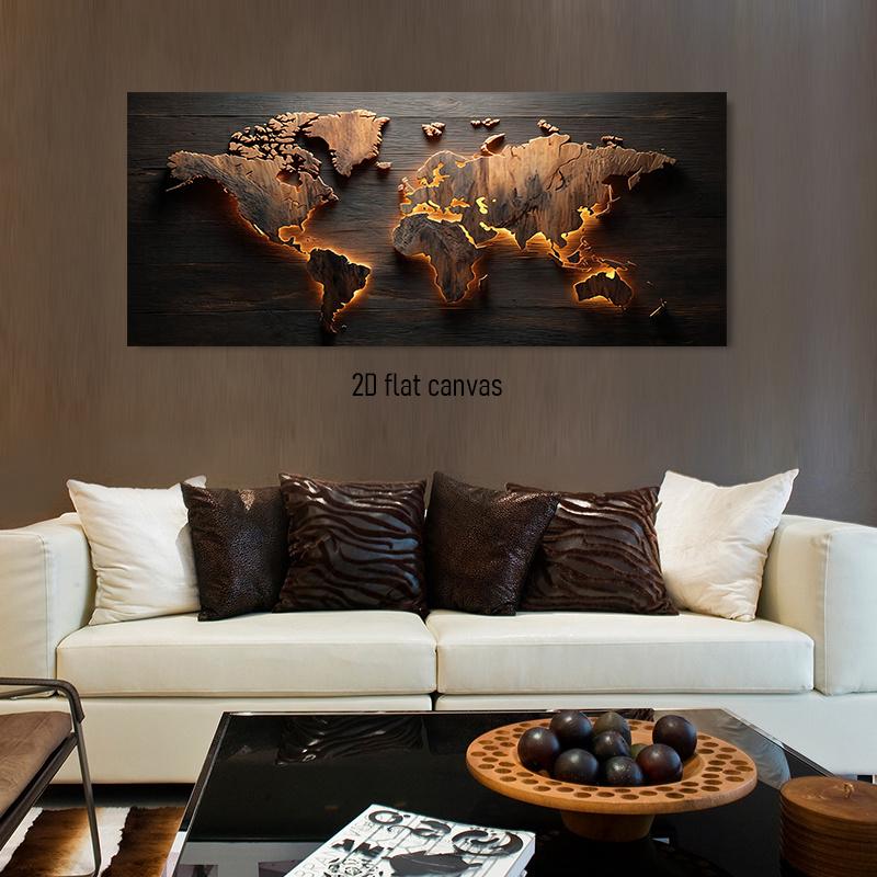 1pcs Wooden World Map Frameless Canvas Decorative Hanging Painting Living Room Study Office Modern Minimalist Style Home Wall De