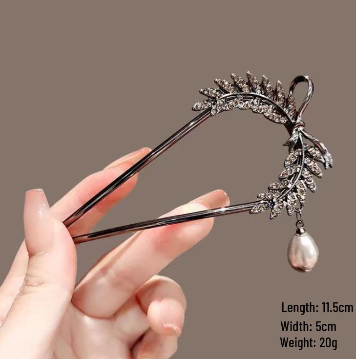 Épingle à cheveux vintage en forme de U avec pompon paon pour femmes - Épingle à chignon nacrée pour Cheongsam et Hanfu