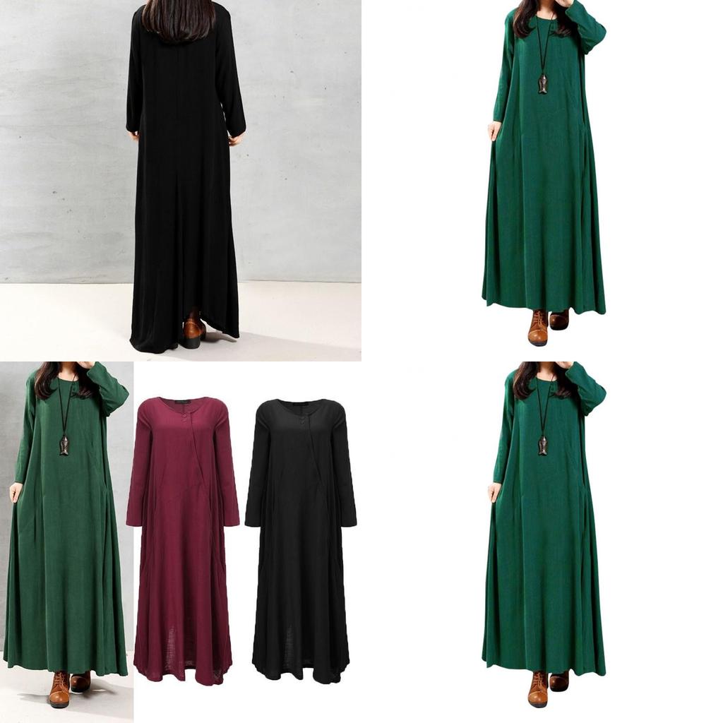 Elegant Plus Size Women Cotton Long Sleeve Vintage Kaftan Casual Maxi Dress