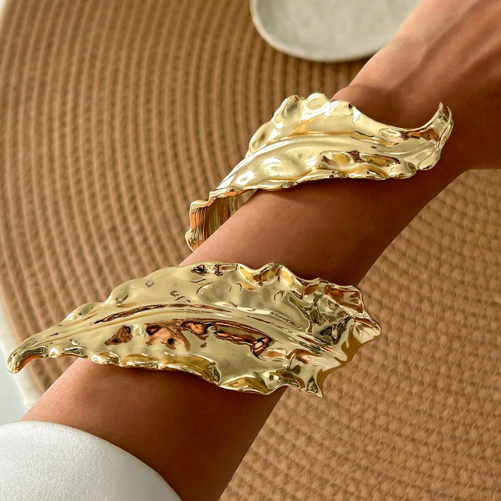 Ingemark Luxury Gold Color Metal Leaves Cuff Bangles for WomenExaggerated Punk Geometric Wrap Bangle Party Grunge Men Jewelry