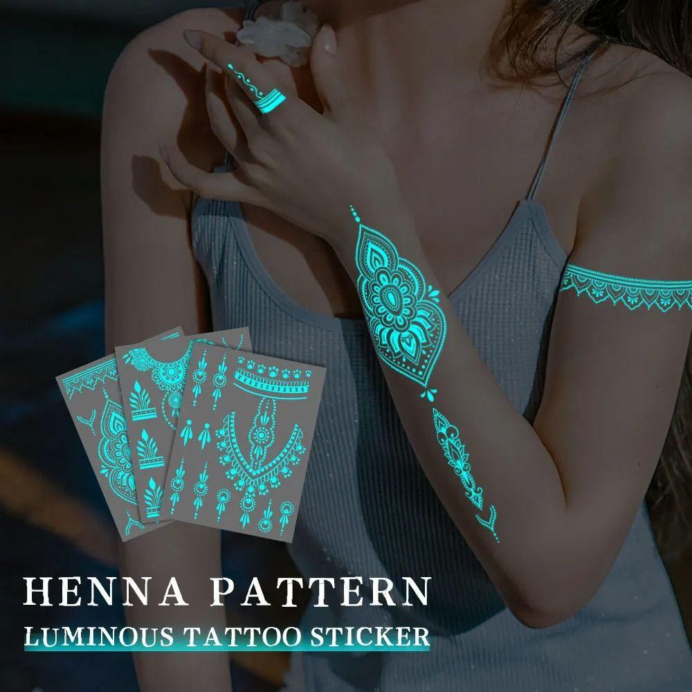 6 Sheets Lasting Henna Tattoo Stickers Blue Luminous Lace Fake Tattoos for Women