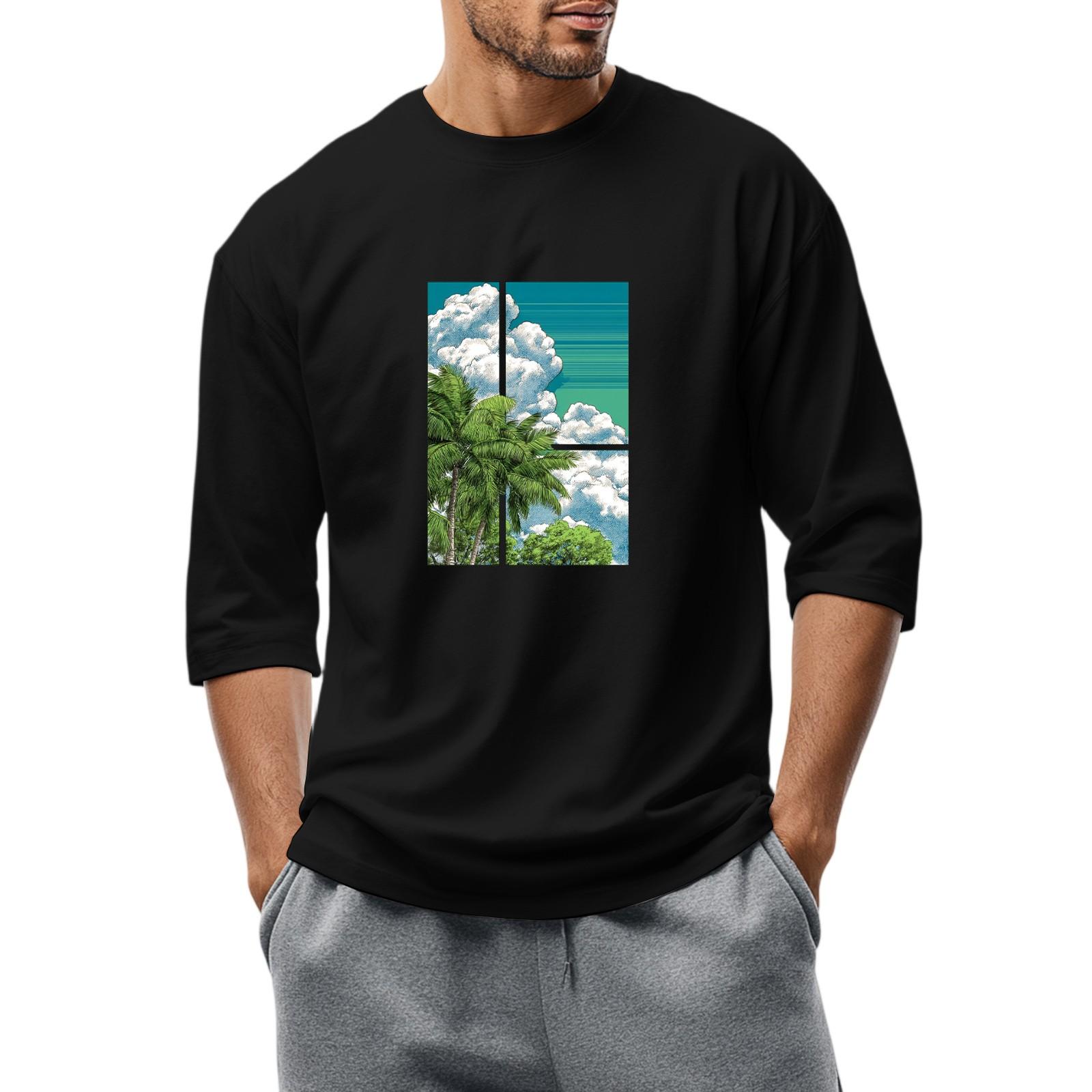 

Мужская повседневная модная футболка с круглым вырезом и рукавом три четверти M чёрный