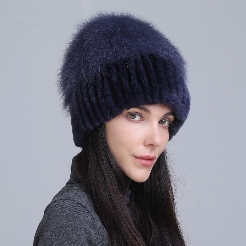 New fur hat Rex rabbit hat thickened versatile fox hair mushroom hat women's winter warm hat