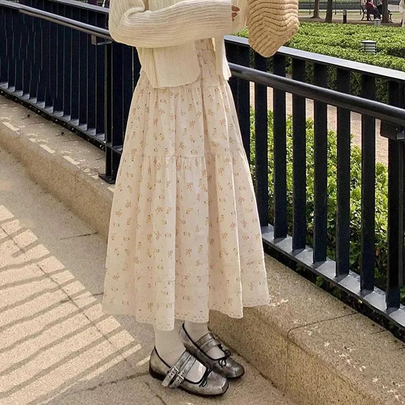 

Women s Floral Print Lace Tiered Maxi Skirt S бежевый