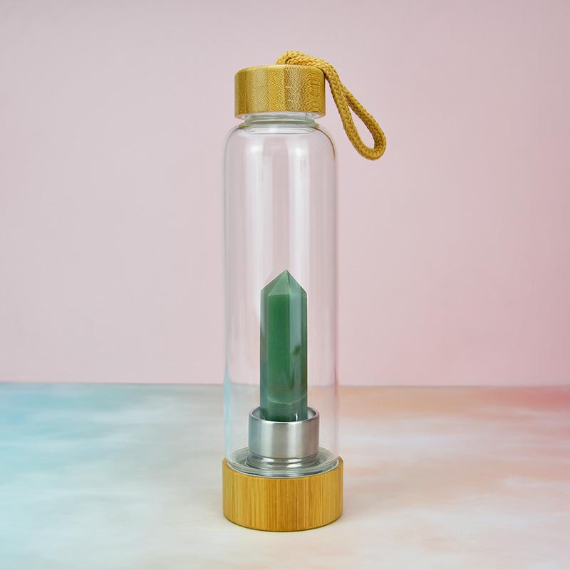 Crystal Stone Energy Pillar Glass Water Cup Bamboo Cap Natural Crystal Set Glass Cup