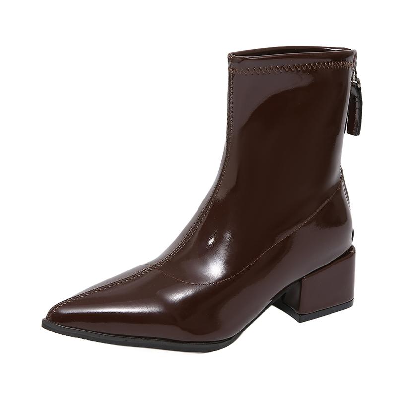 Fashion Autumn Patent Leather Women Ankle Boots Thick Heels Ladies Shoes Fashion Pointed Toe Comfortable Short Botas De Mujer