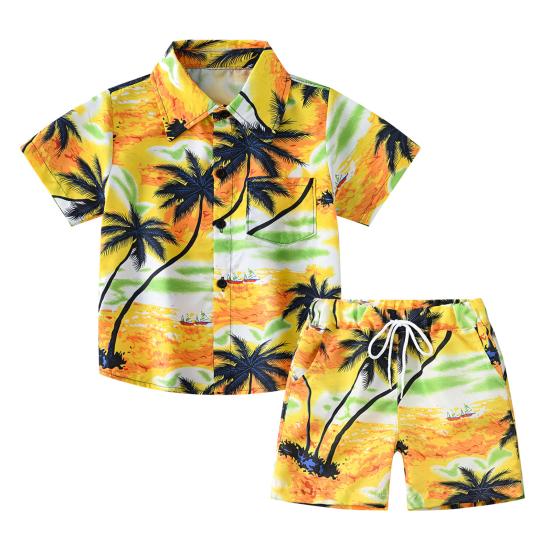

Гавайский комплект одежды для малышей-мальчиков с изображением заката, пальмовых листьев, рубашка и шорты для детей на берегу моря 140cm жёлтый