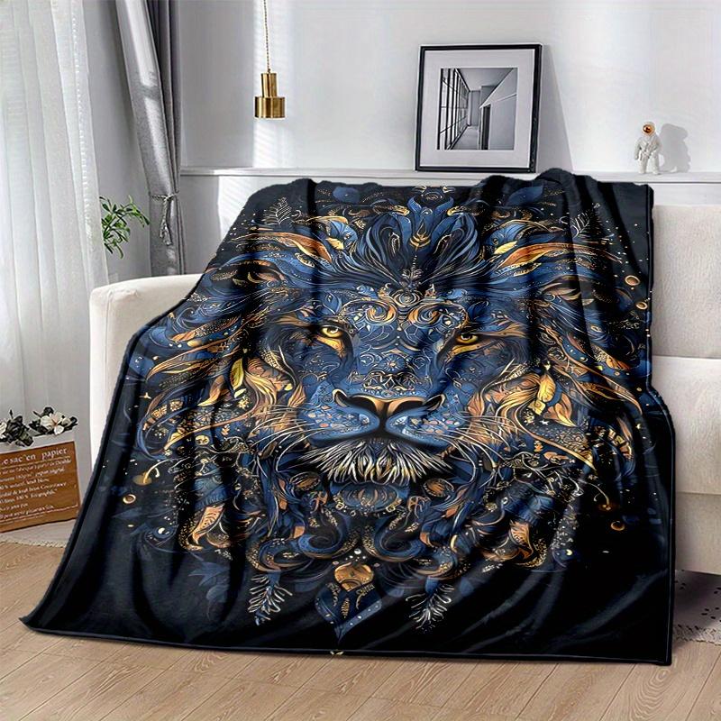 1pc Blue and Gold Ornate Lion Portrait Blanket  Soft and Cozy for All Seasons, Living Room, Travel, Camping, Car Blankets