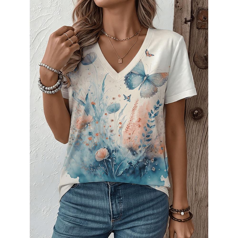Women's Flower V-neck Short Sleeved T-shirt Fashionable Loose T-shirt
