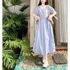 French temperament blue striped shirt dress women's summer new small retro lace-up long skirt