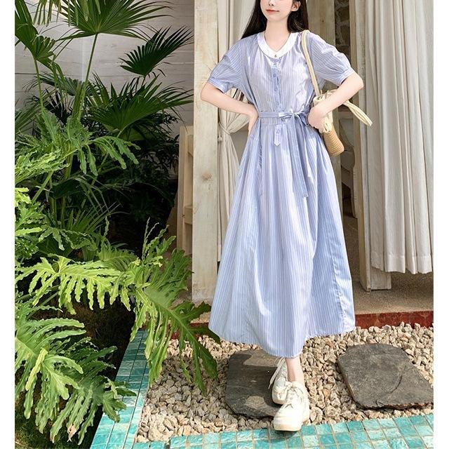 French temperament blue striped shirt dress women's summer new small retro lace-up long skirt