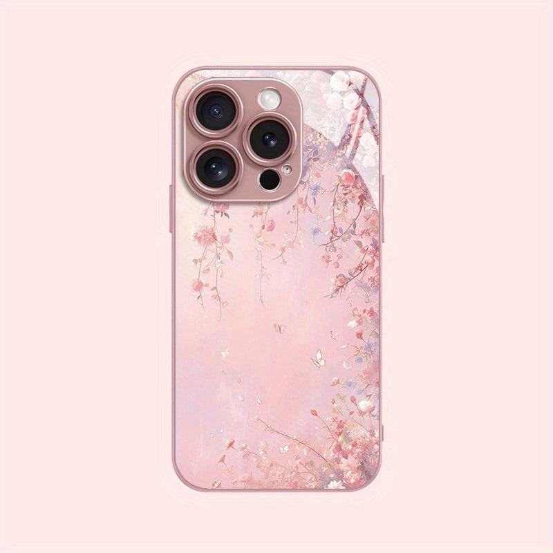 Olejomalba Růžové Květiny Metalická Barva Tvrzené Sklo Pouzdro na Telefon Pro iPhone 11 12 13 14 15 16 17 Pro Max Plus 16E 17Air Kryt