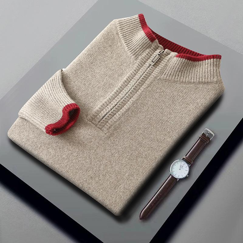 Men's Autumn/Winter Wool Knit Zipper Pullover - Seven-Needle Thickened Half-High Collar Sweater
