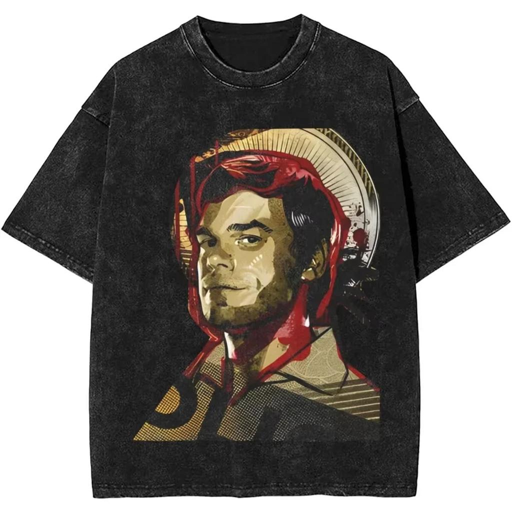 2026 New Dexter Morgan Edition Middle Finger Retro Trendy Vintage Washed T-Shirt Summer Y2K Tops Cotton Men Women Tees Short Sleeve