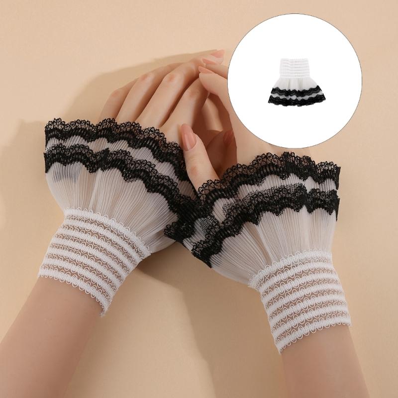 Lolitas Sheer Gloves Hand Sleeves Women Layered Ruffle Wrist Cuffs Elastic Bracelet for Halloween,Wedding,Masquerade