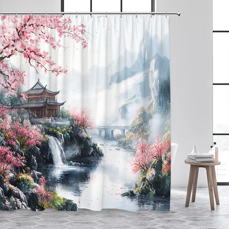 Japanese Style Shower Curtain Pink Cherry Blossom Floral White Crane Mountain Koi Carp Ink Scenery Modern Bathroom Curtain Decor