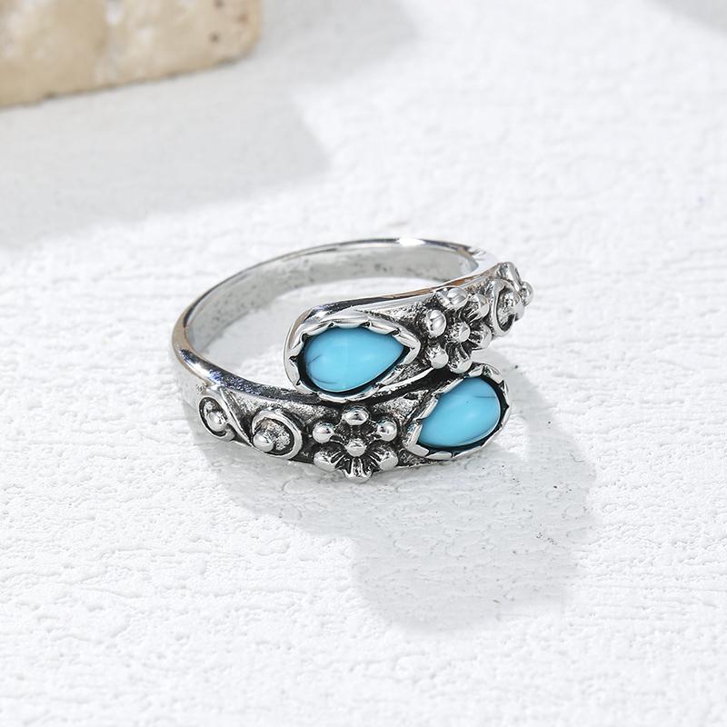 Vintage Imitation Turquoise Flower Open Ring Copper Color Adjustable Wrap Ring Bohemian Ethnic Jewelry For Women Daily Wear