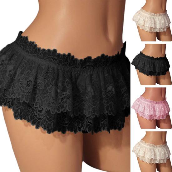Women Skirt Panties Lace Triangle Underpants Low Waist Floral Embroidery Ruffle Briefs Bedroom Sex Clothes for Honeymoon Wedding Night