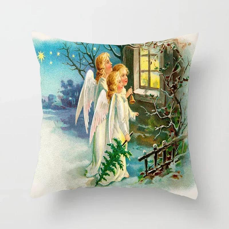 Merry Christmas Decoration Cushion Cover Angel Santa Printed Pillow Cover Holiday Farmhouse Home Decorative Pillowcase