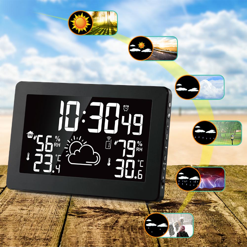 PT3378A NO RCC Drahtlose Wetterstation Temperatur-Feuchtigkeitssensor Buntes LCD-Display Wettervorhersage Uhr Innen/Außen