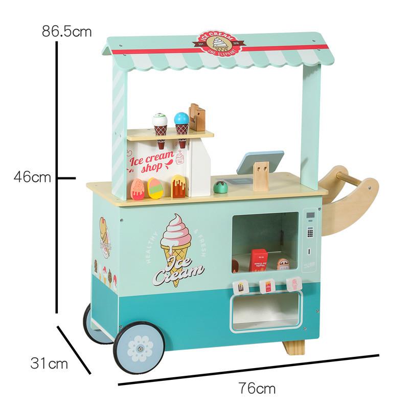 Cream Wooden Ice Cart Toy Playset With Cash Register For Kids Creative Play