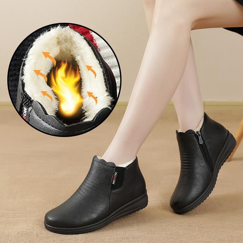 Winter new cotton shoes medium flat non-slip snow boots middle-aged and elderly velvet warm short boots elderly leather shoes