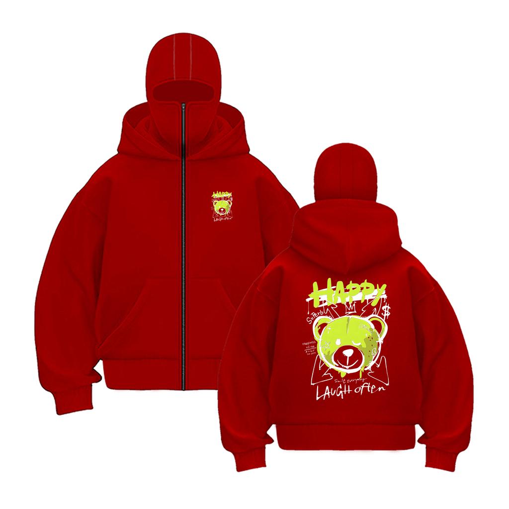 Blue Happy Bear Slogan zipper Hoodies For Male Creative Casual Hoody Sport Cartoons Sweatshirts Pocket All-Match Mens Pullovers